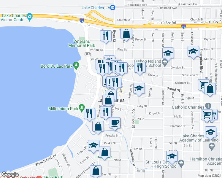 map of restaurants, bars, coffee shops, grocery stores, and more near 844 Ryan Street in Lake Charles