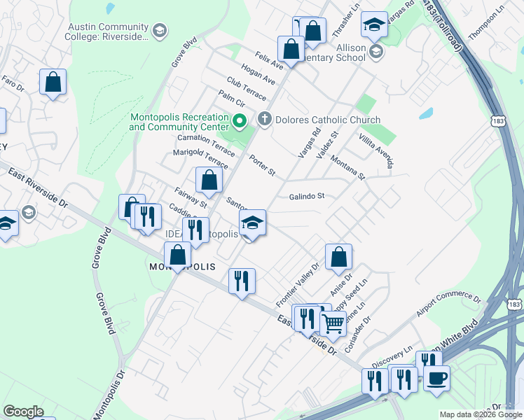 map of restaurants, bars, coffee shops, grocery stores, and more near 1409 Vargas Road in Austin