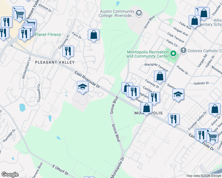 map of restaurants, bars, coffee shops, grocery stores, and more near 5810 East Riverside Drive in Austin