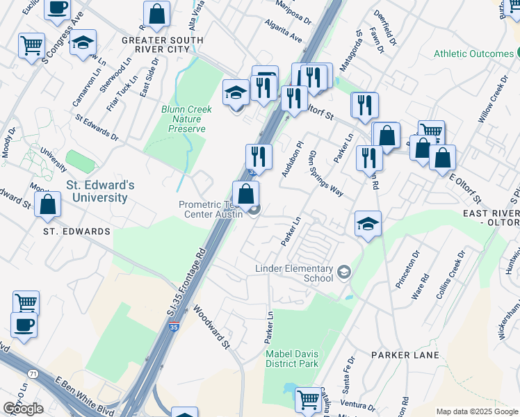 map of restaurants, bars, coffee shops, grocery stores, and more near 1626a Royal Hill Drive in Austin