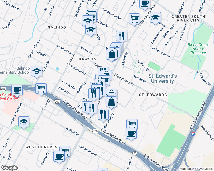 map of restaurants, bars, coffee shops, grocery stores, and more near 3601 1/2 South Congress Avenue in Austin