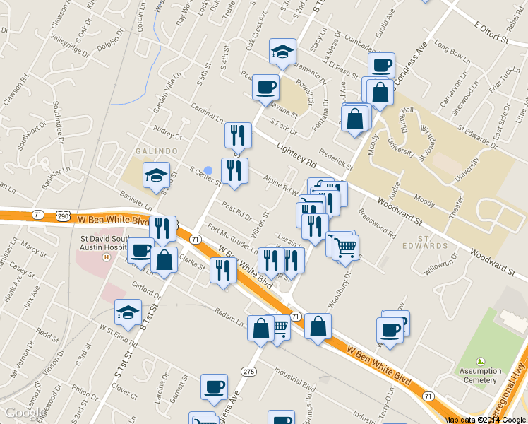 map of restaurants, bars, coffee shops, grocery stores, and more near 405 Cherry Hill Drive in Austin