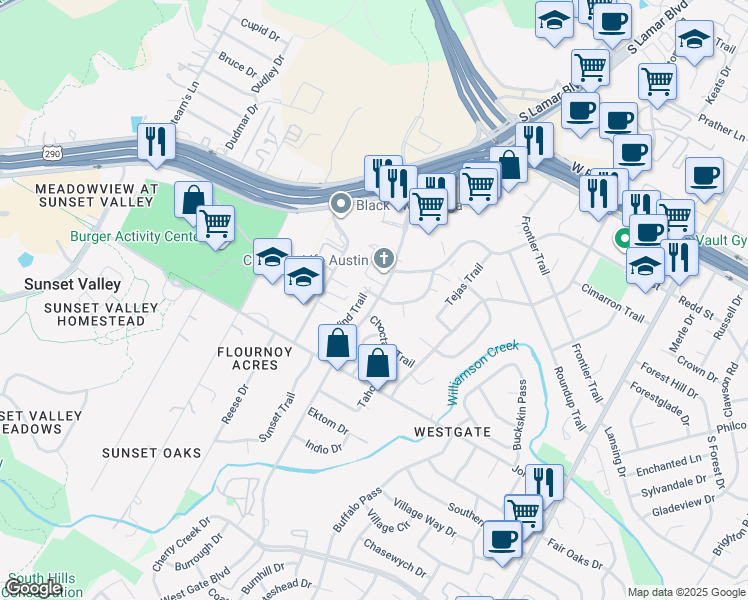 map of restaurants, bars, coffee shops, grocery stores, and more near 4716 Sagebrush Trail in Austin
