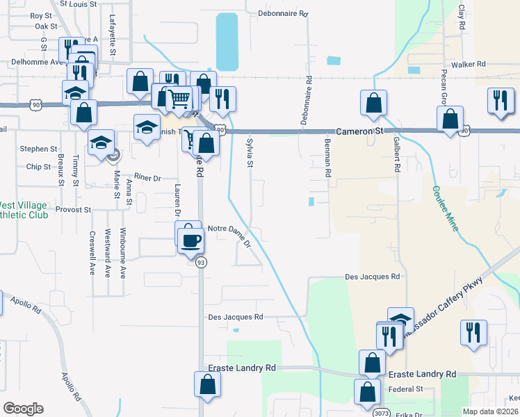 map of restaurants, bars, coffee shops, grocery stores, and more near 105 Leahy Drive in Lafayette