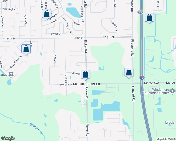 map of restaurants, bars, coffee shops, grocery stores, and more near 6671 Ricker Road in Jacksonville