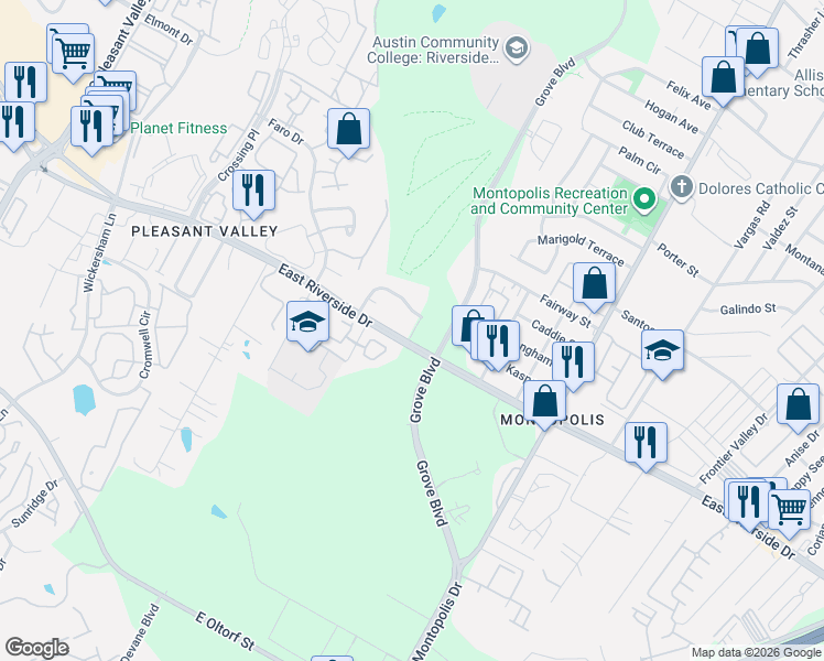 map of restaurants, bars, coffee shops, grocery stores, and more near 5810 East Riverside Drive in Austin