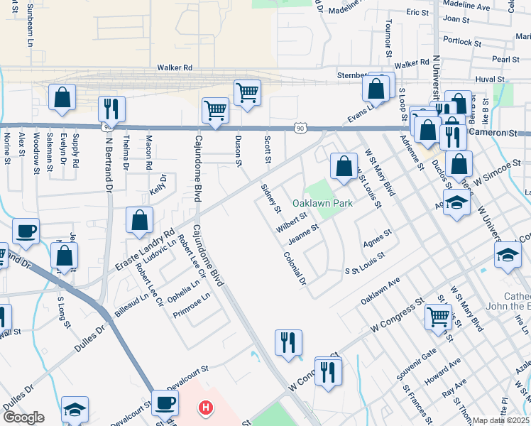 map of restaurants, bars, coffee shops, grocery stores, and more near 606 Colonial Drive in Lafayette