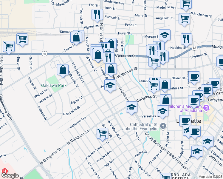 map of restaurants, bars, coffee shops, grocery stores, and more near 107 Duclos Street in Lafayette