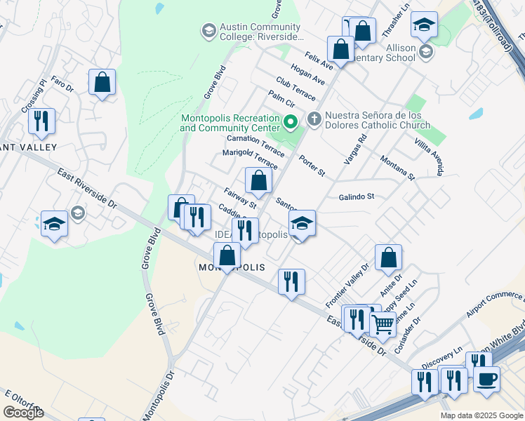 map of restaurants, bars, coffee shops, grocery stores, and more near 12316 Fairway Street in Austin