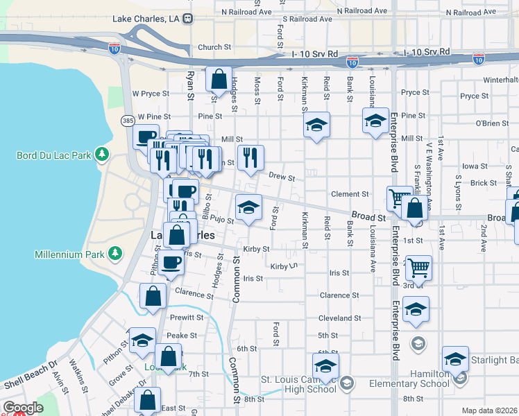 map of restaurants, bars, coffee shops, grocery stores, and more near 817 Moss Street in Lake Charles