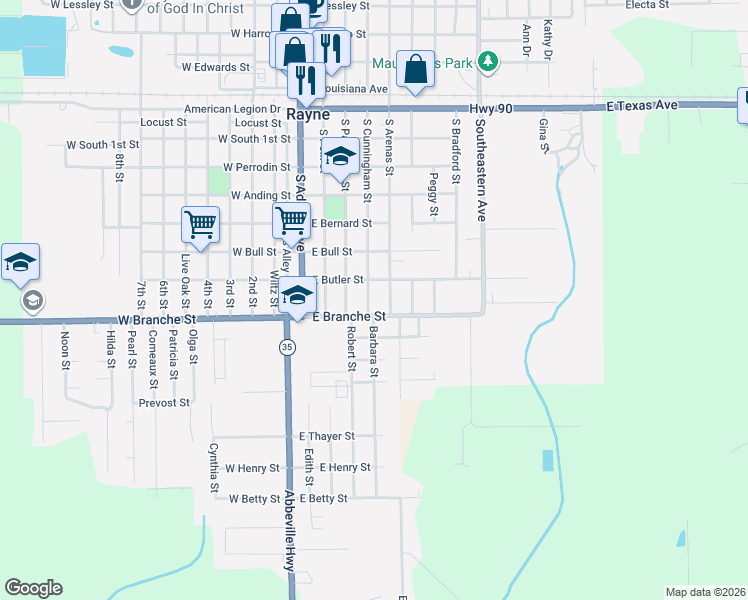 map of restaurants, bars, coffee shops, grocery stores, and more near 810 South Arenas Street in Rayne