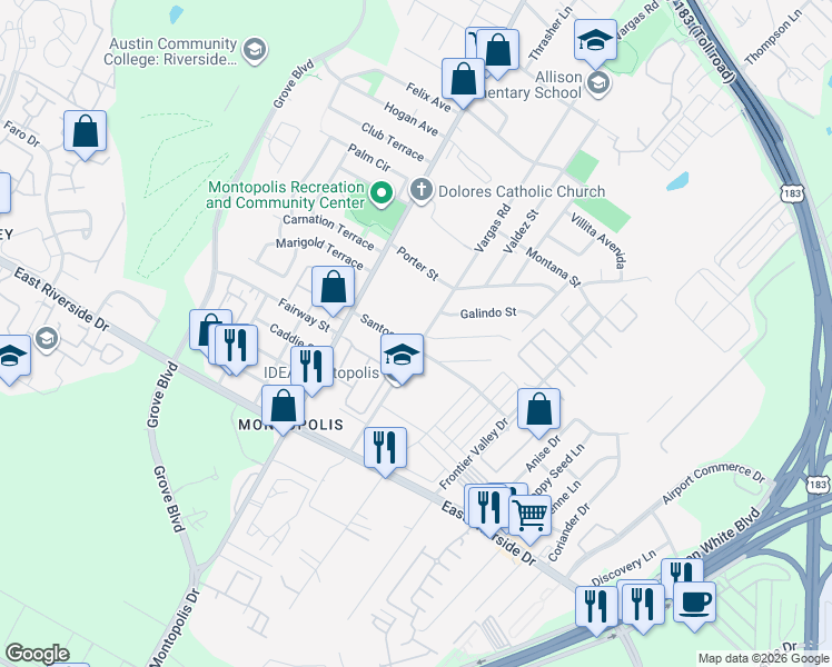 map of restaurants, bars, coffee shops, grocery stores, and more near 1409 Vargas Road in Austin