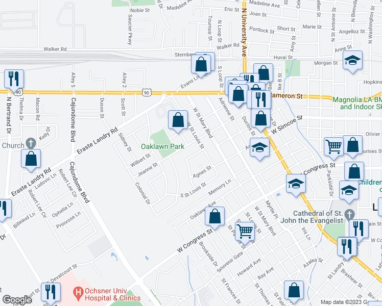 map of restaurants, bars, coffee shops, grocery stores, and more near 124 Louise Drive in Lafayette