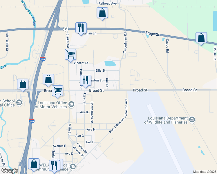 map of restaurants, bars, coffee shops, grocery stores, and more near 721 Oak Street in Lake Charles