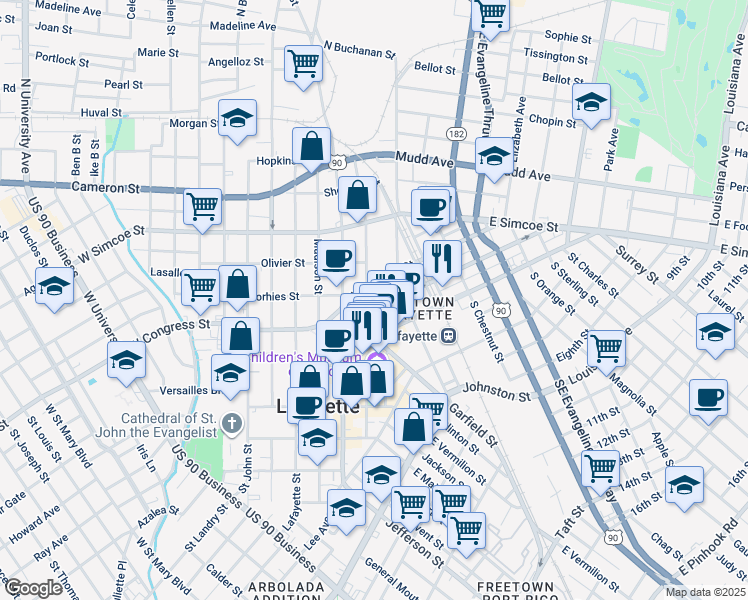 map of restaurants, bars, coffee shops, grocery stores, and more near 326 South Buchanan Street in Lafayette