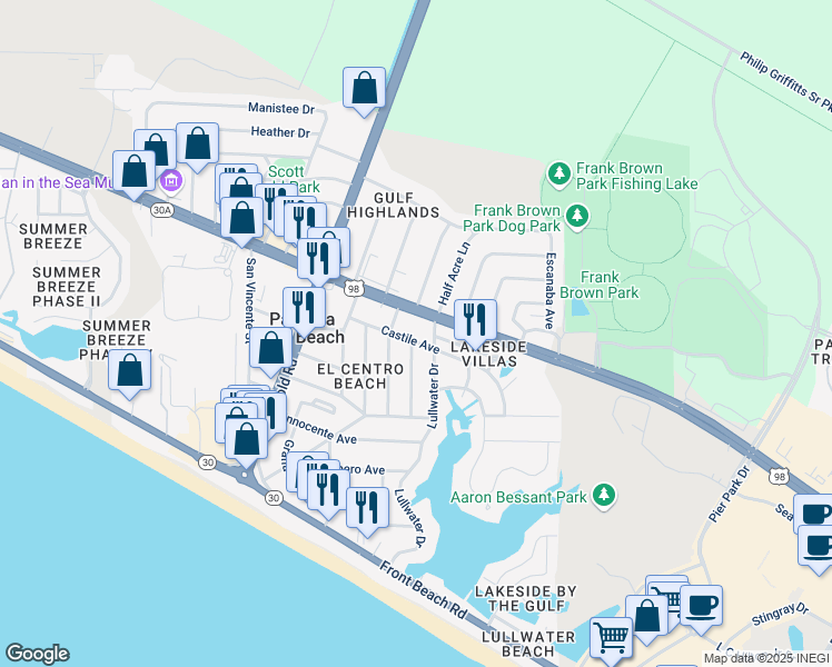 map of restaurants, bars, coffee shops, grocery stores, and more near 16806 Castile Avenue in Panama City Beach