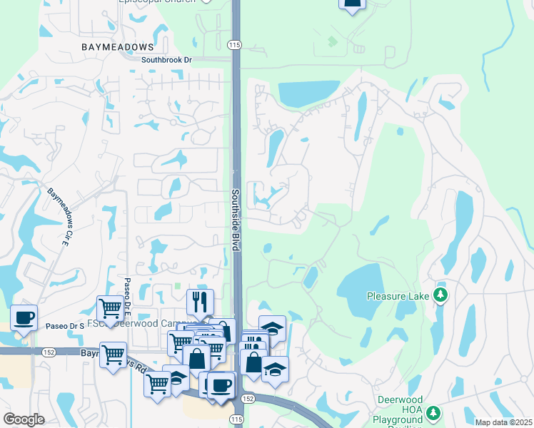 map of restaurants, bars, coffee shops, grocery stores, and more near 7797 Deerwood Point Court in Jacksonville