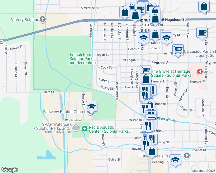 map of restaurants, bars, coffee shops, grocery stores, and more near 508 Bowie St in Sulphur