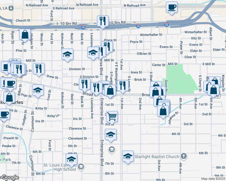 map of restaurants, bars, coffee shops, grocery stores, and more near 723 S Franklin St in Lake Charles