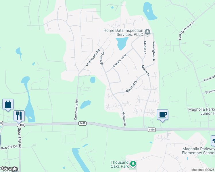 map of restaurants, bars, coffee shops, grocery stores, and more near 40319 Mostyn Drive in Magnolia