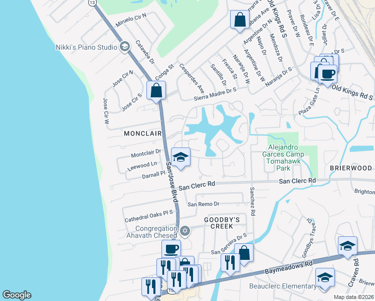 map of restaurants, bars, coffee shops, grocery stores, and more near 4032 Corrientes Court South in Jacksonville