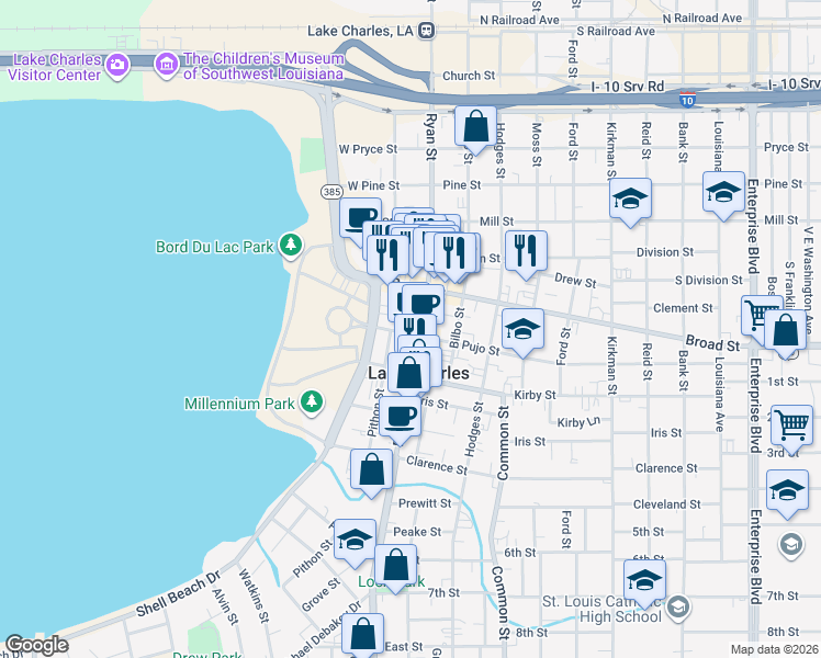 map of restaurants, bars, coffee shops, grocery stores, and more near 840 Ryan Street in Lake Charles