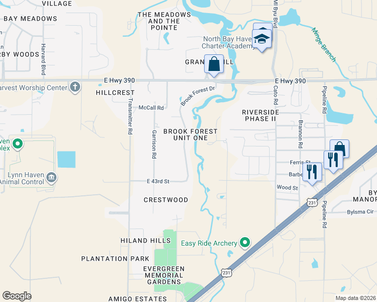 map of restaurants, bars, coffee shops, grocery stores, and more near 4406 Brook Forest Drive in Panama City