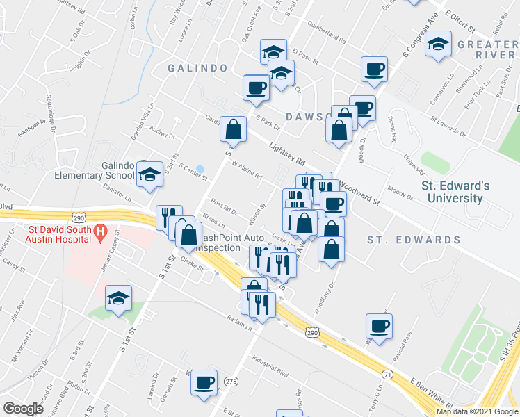 map of restaurants, bars, coffee shops, grocery stores, and more near Wilson Street & Cherry Hill Drive in Austin