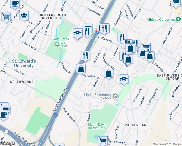 map of restaurants, bars, coffee shops, grocery stores, and more near 2705 Mulford Cove in Austin
