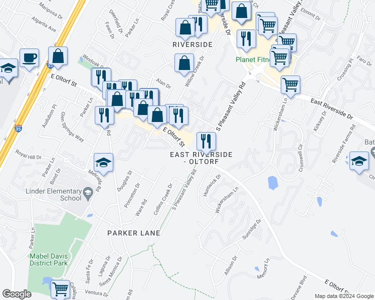 map of restaurants, bars, coffee shops, grocery stores, and more near 2500 East Oltorf Street in Austin