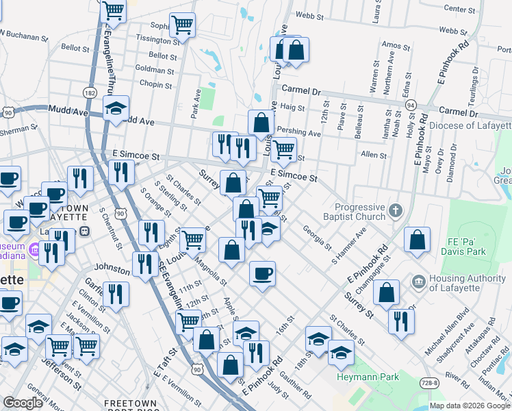 map of restaurants, bars, coffee shops, grocery stores, and more near 1001-1099 10th Street in Lafayette