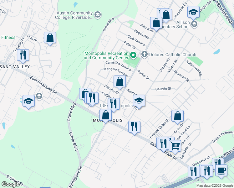 map of restaurants, bars, coffee shops, grocery stores, and more near 6209 Fairway Street in Austin