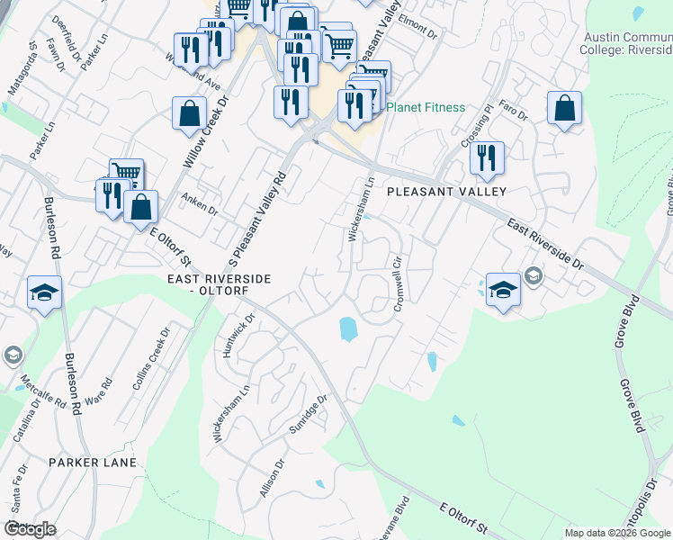 map of restaurants, bars, coffee shops, grocery stores, and more near 2314 Wickersham Lane in Austin