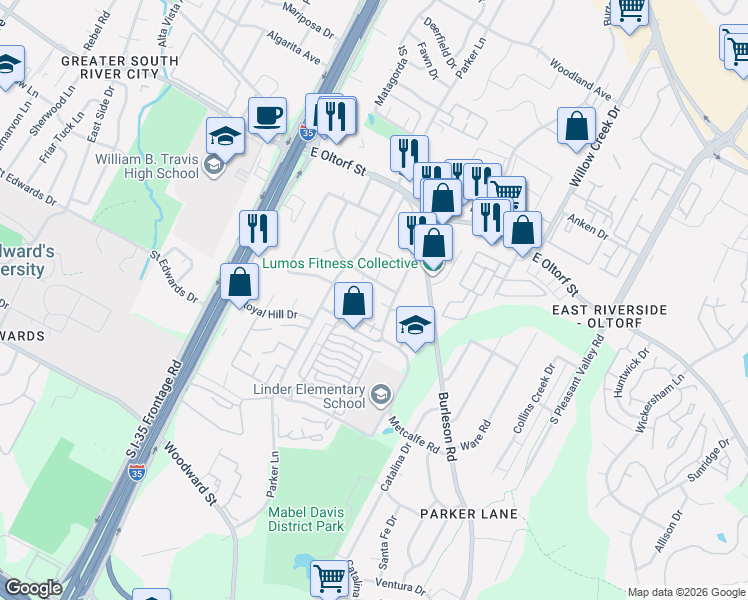 map of restaurants, bars, coffee shops, grocery stores, and more near 2610 Metcalfe Road in Austin