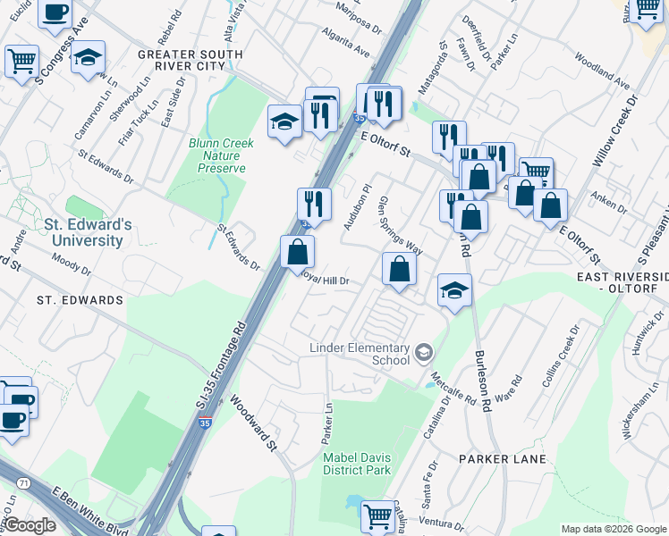 map of restaurants, bars, coffee shops, grocery stores, and more near 2706 Little Valley Cove in Austin