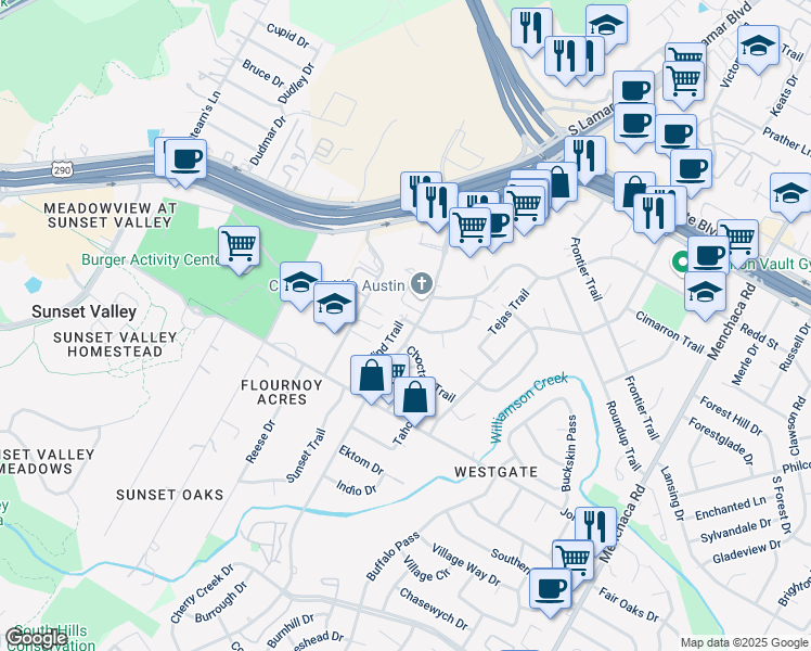 map of restaurants, bars, coffee shops, grocery stores, and more near 4810 West Wind Trail in Austin