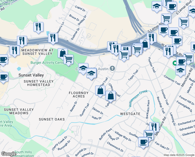 map of restaurants, bars, coffee shops, grocery stores, and more near 4917 Sunset Trail in Austin