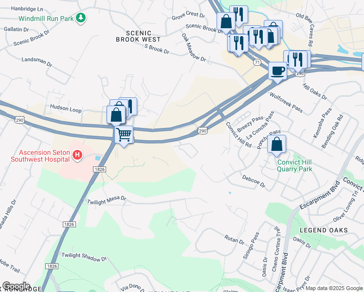 map of restaurants, bars, coffee shops, grocery stores, and more near 7631 U.S. 290 in Austin