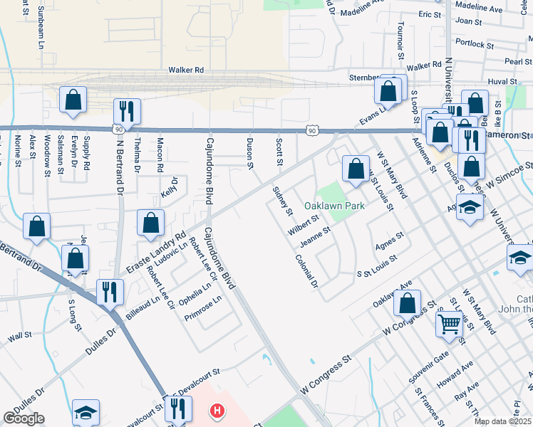 map of restaurants, bars, coffee shops, grocery stores, and more near 606-608 Colonial Drive in Lafayette