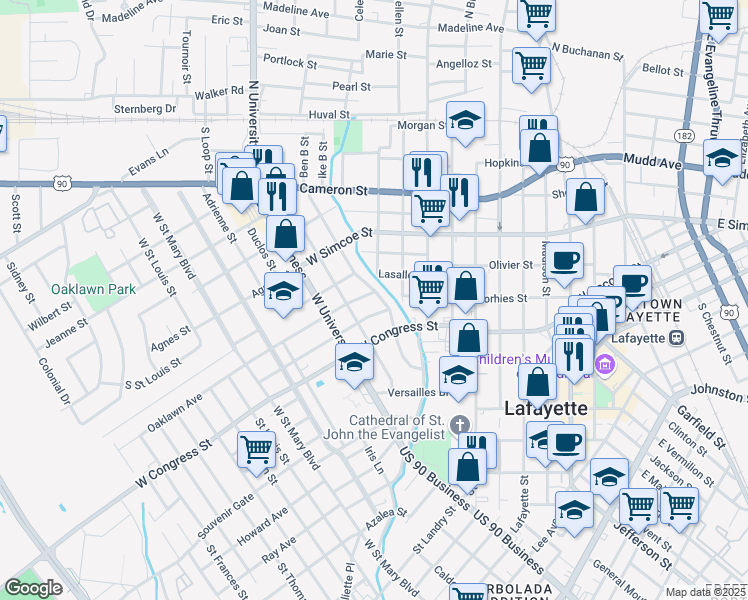 map of restaurants, bars, coffee shops, grocery stores, and more near 317 Cedar Crest Court in Lafayette
