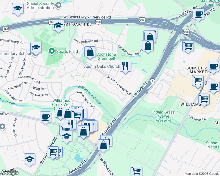 map of restaurants, bars, coffee shops, grocery stores, and more near 4201 Monterey Oaks Boulevard in Austin