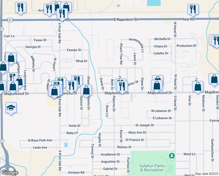 map of restaurants, bars, coffee shops, grocery stores, and more near 1404 Beth St in Sulphur