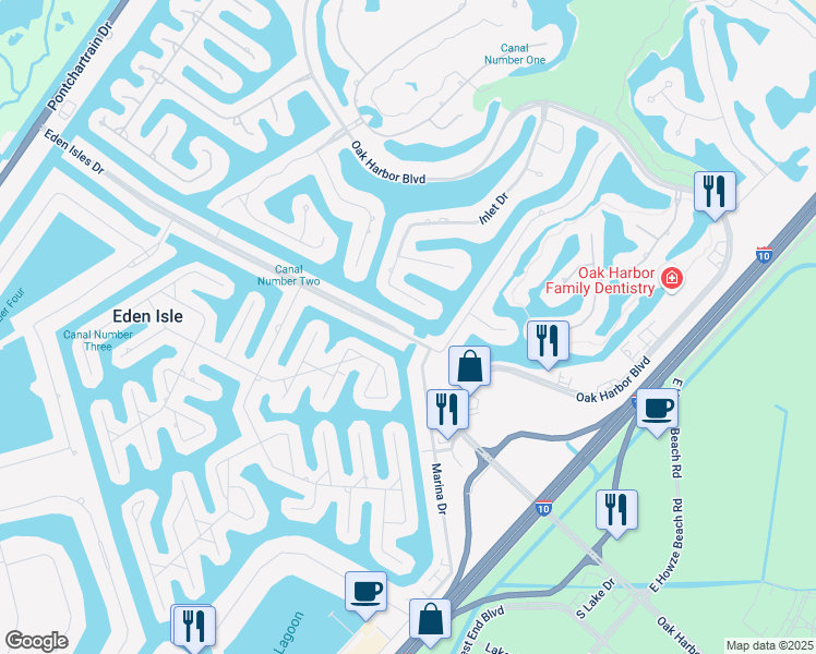 map of restaurants, bars, coffee shops, grocery stores, and more near 450 Eden Isles Drive in Slidell