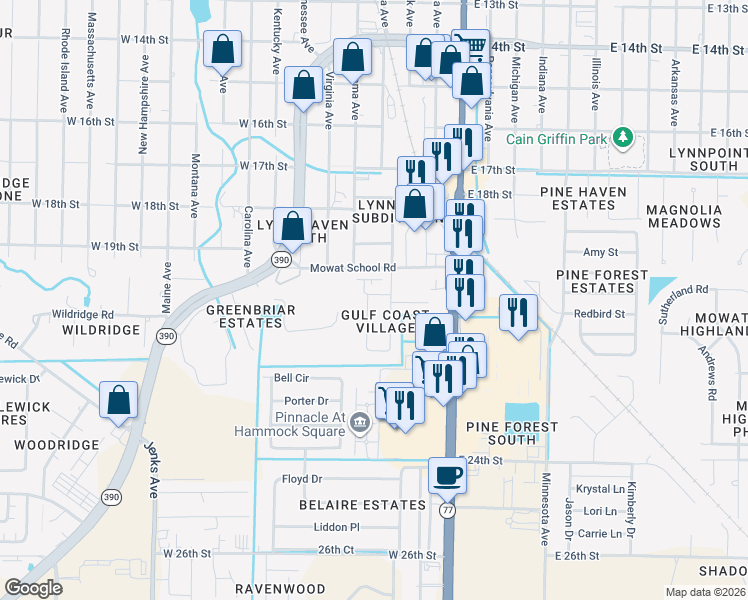 map of restaurants, bars, coffee shops, grocery stores, and more near 2003 Pattho Lane in Lynn Haven