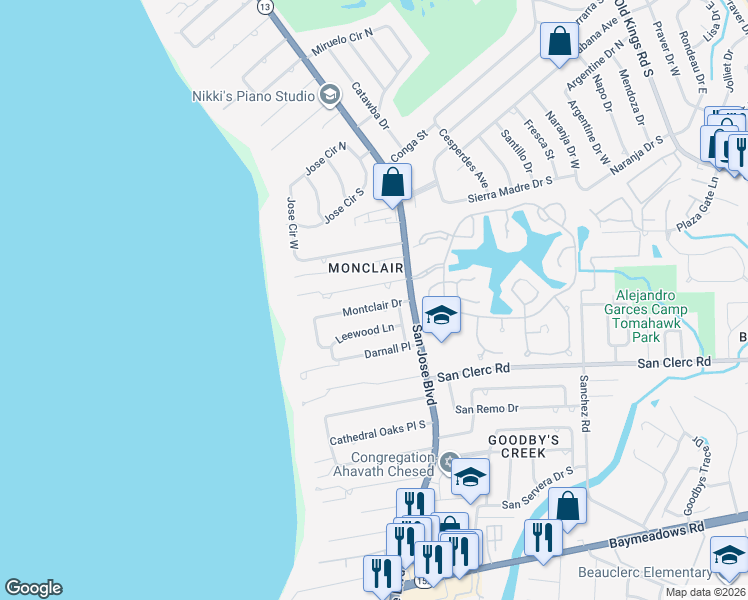 map of restaurants, bars, coffee shops, grocery stores, and more near 3721 Montclair Drive in Jacksonville