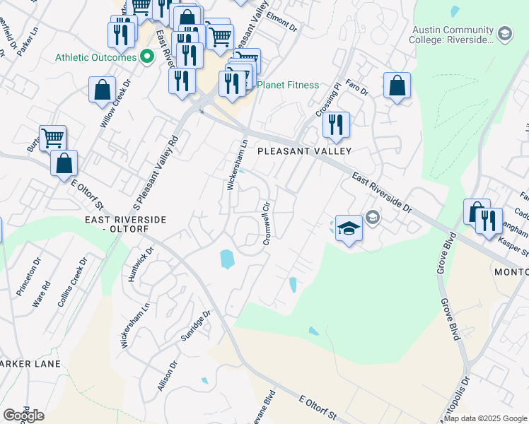 map of restaurants, bars, coffee shops, grocery stores, and more near Cromwell Circle in Austin