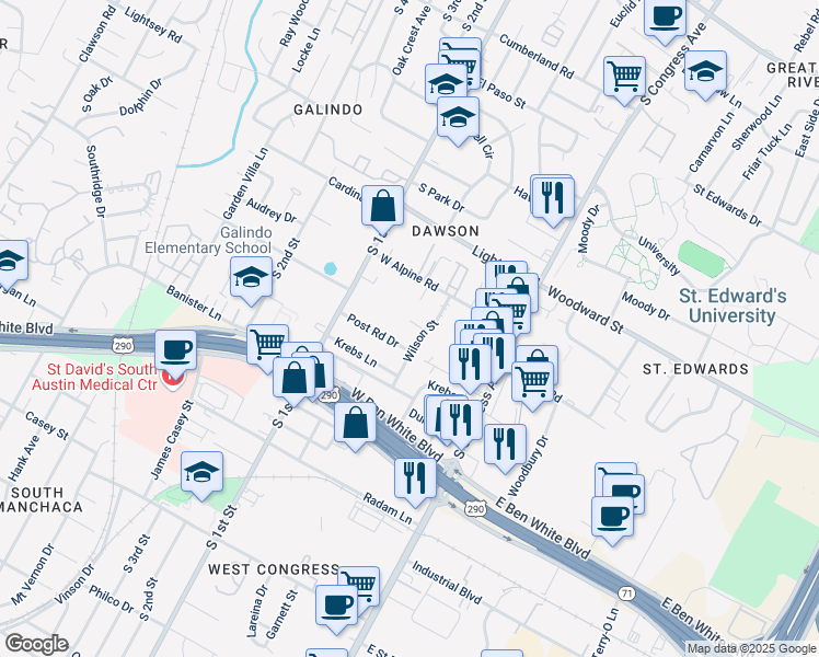 map of restaurants, bars, coffee shops, grocery stores, and more near 405 Cherry Hill Drive in Austin