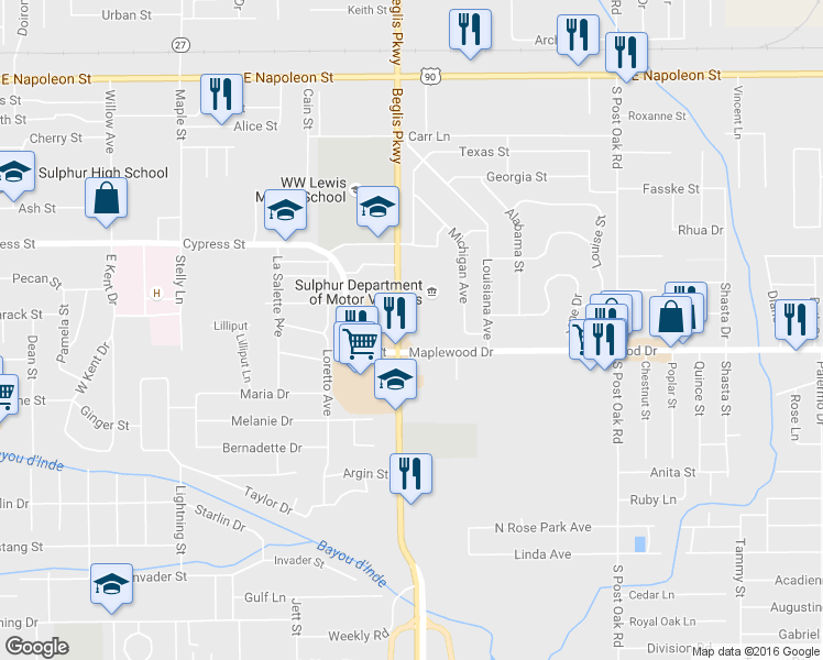 map of restaurants, bars, coffee shops, grocery stores, and more near 1600 Maplewood Drive in Sulphur
