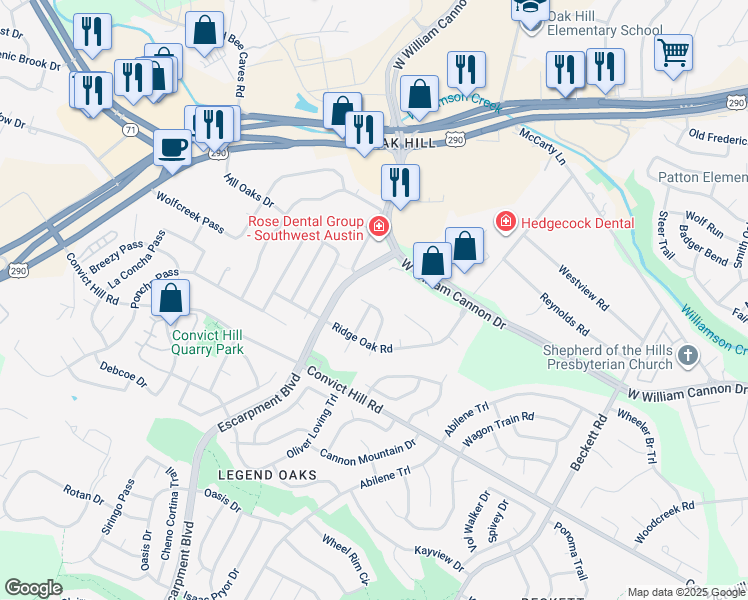 map of restaurants, bars, coffee shops, grocery stores, and more near 7100 Quimper Lane in Austin