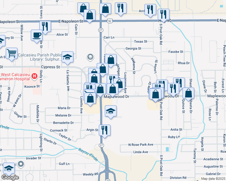 map of restaurants, bars, coffee shops, grocery stores, and more near 1700 Maplewood Drive in Sulphur